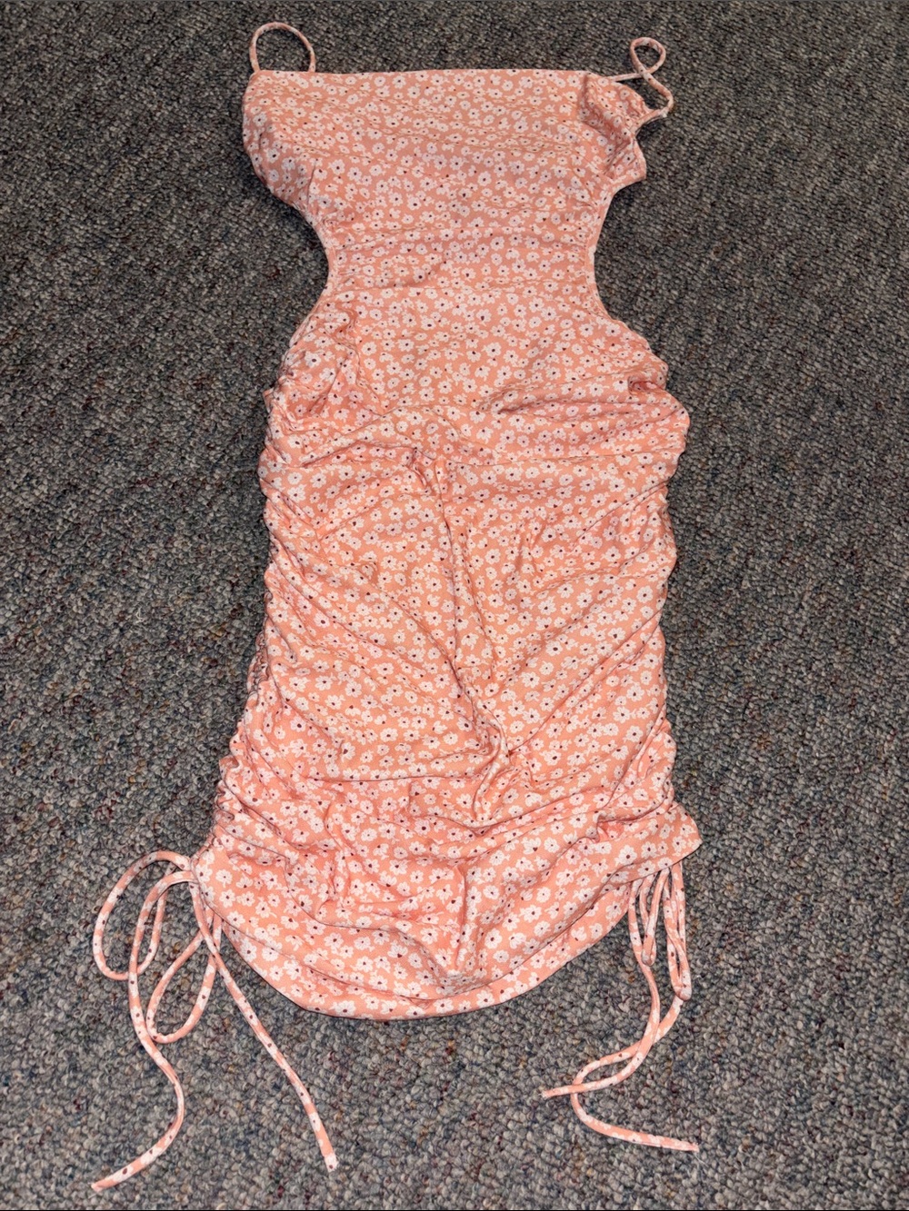 Pink Floral Ruched Spaghetti Strap Bodycon Dress - open back